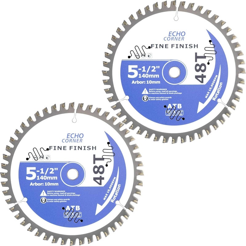 Echo Corner 5-1/2-Inch (10mm Arbor) Circular Saw Blades 48-Tooth, Heavy Duty 2-Pack Carbide TCT Fine Cut Fine Finish Crosscut Framing Wood Plywood MDF Plastic Veneer Lumber Laminate - Image 1